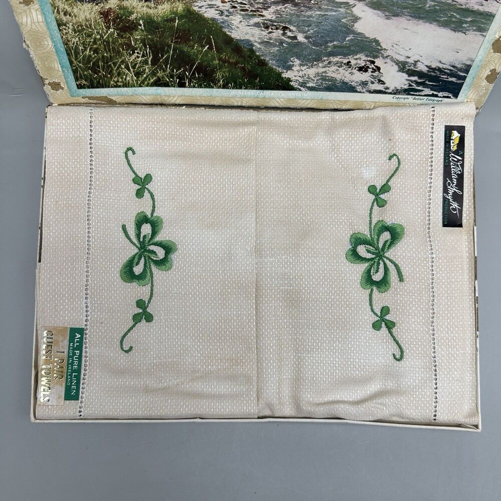 Vtg William Smyth Irish Linen Shamrock Drawn Thread Guest Towels Orig Box